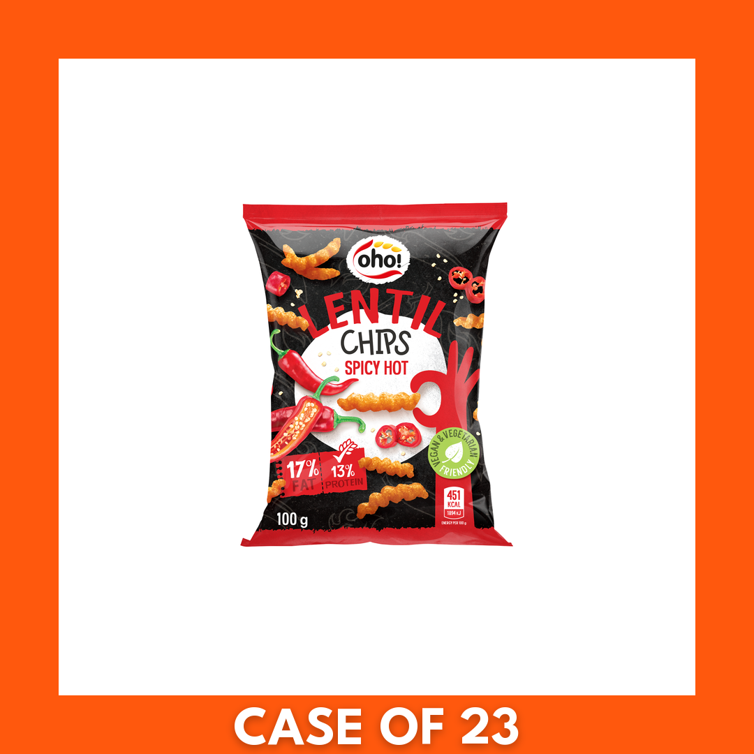Single 100g pack of Oho Lentil Crisps in Hot and Spicy flavor — product shot of the snack bag with packaging artwork and visible spicy lentil crisps.