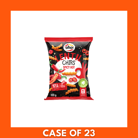 Single 100g pack of Oho Lentil Crisps in Hot and Spicy flavor — product shot of the snack bag with packaging artwork and visible spicy lentil crisps.