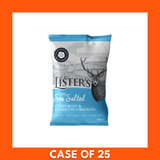 Close-up of a single Listers Crisps Sea Salt 40g bag with the 12-pack stacked behind, showing logo and sea salt flavor