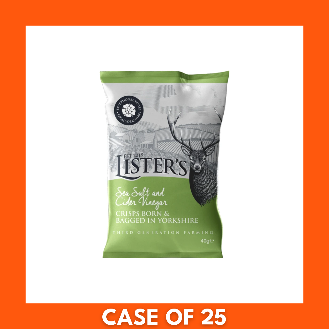 Single 40g Listers Crisps Sea Salt and Vinegar bag, front-facing packet with logo and flavor text for a tangy snack