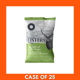 Single 40g Listers Crisps Sea Salt and Vinegar bag, front-facing packet with logo and flavor text for a tangy snack