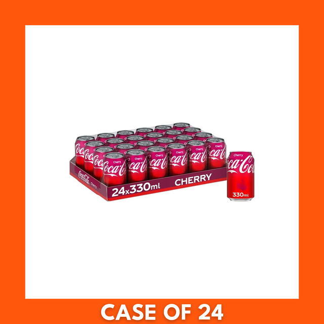 Pack of 24 Cherry Coke (Cherry Coca‑Cola) 330ml cans – UK retail multipack with red labels and cherry branding