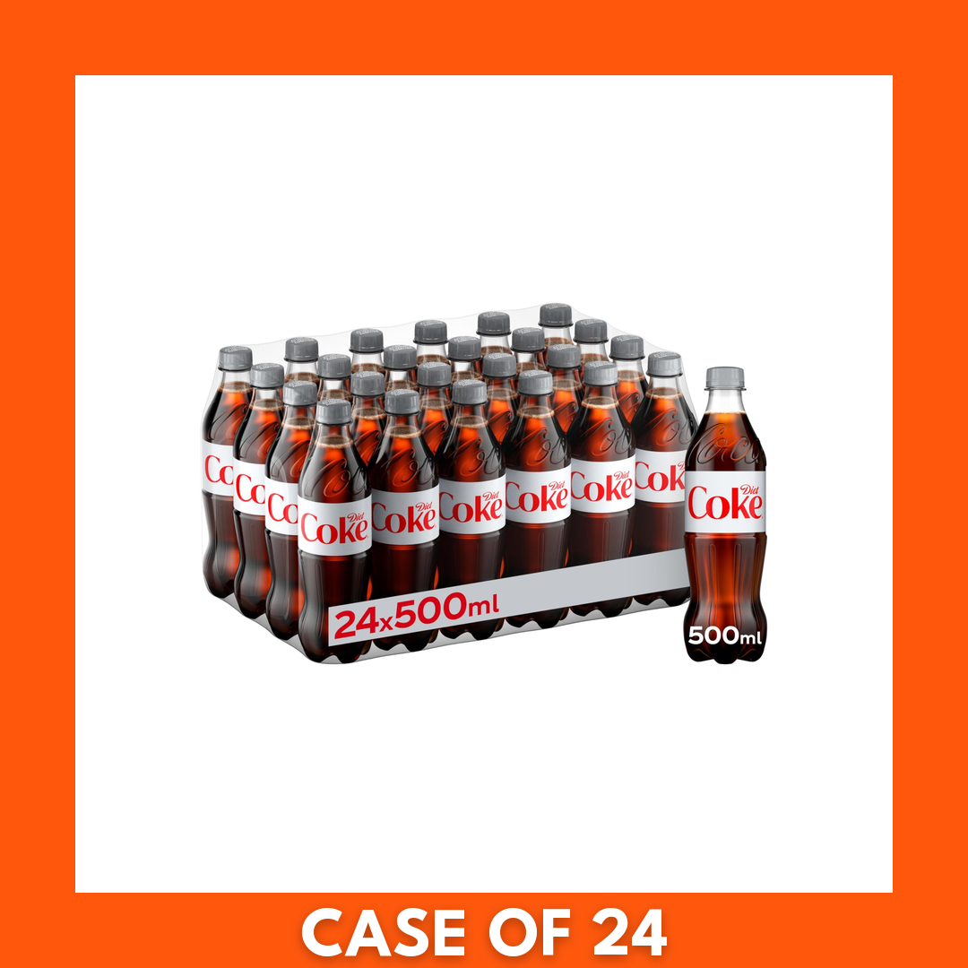 24-pack of 500ml Diet Coke plastic bottles in a cardboard multipack, showing silver labels with red Diet Coke logo