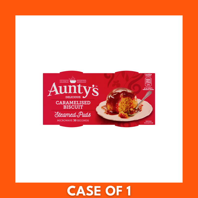 Aunty's Caramelised Biscuit Steam Puddings 190g (single unit) — product packaging shown alongside a serving of the steamed dessert topped with caramel sauce and crushed biscuit crumbs