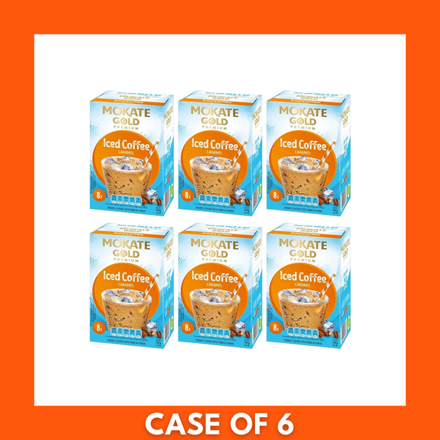 Six-pack of Mokate Gold Premium Coffee Iced Caramel Latte (6×120g), ready-to-drink iced caramel lattes in branded packaging with visible logo