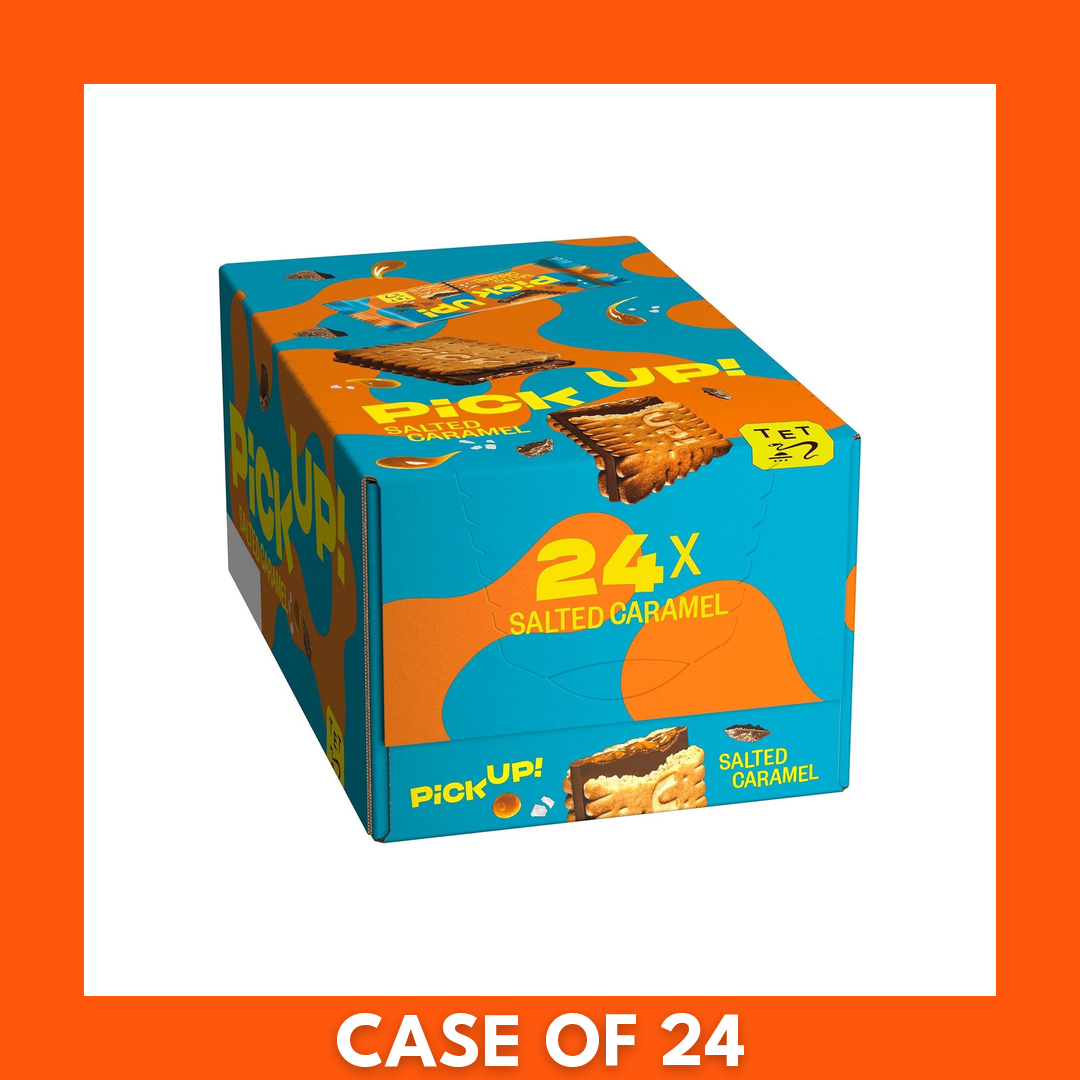 Box of Pick Up! Salted Caramel chocolate biscuit bars — 24 x 28g pack, showing branded packaging and salted caramel flavor.