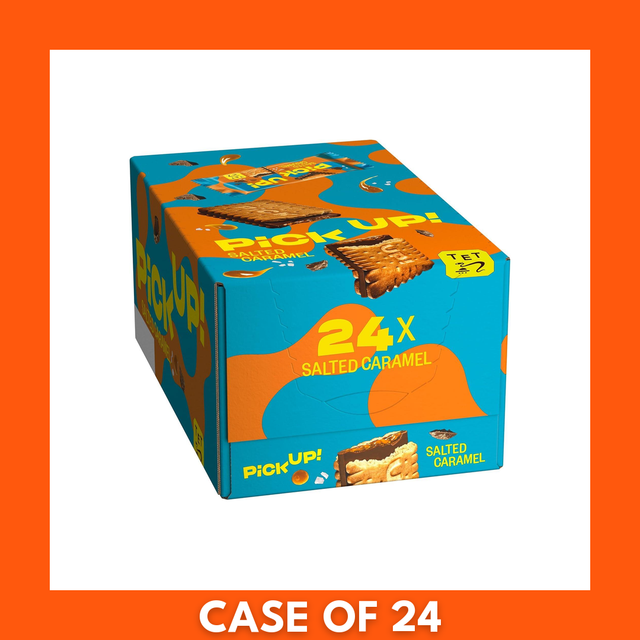 Box of Pick Up! Salted Caramel chocolate biscuit bars — 24 x 28g pack, showing branded packaging and salted caramel flavor.