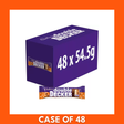 Bulk box of Cadbury Double Decker chocolate bars — purple branded carton containing 48 individually wrapped 54.5 g bars, showing a bar cross-section with crunchy cereal base, chewy nougat top and Cadbury milk chocolate coating.