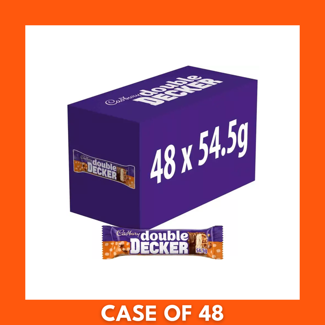 Bulk box of Cadbury Double Decker chocolate bars — purple branded carton containing 48 individually wrapped 54.5 g bars, showing a bar cross-section with crunchy cereal base, chewy nougat top and Cadbury milk chocolate coating.