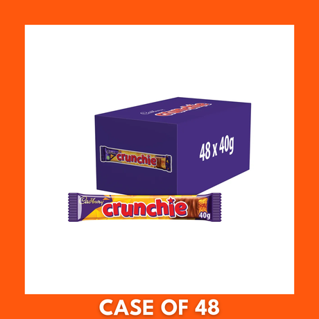 Cadbury Crunchie 48 x 40g multipack — purple carton of individually wrapped 40g bars, honeycomb toffee pieces coated in Cadbury milk chocolate