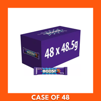 Pack of 48 Cadbury Boost chocolate bars (48.5 g each) in a purple retail carton showing the Boost logo and bar image