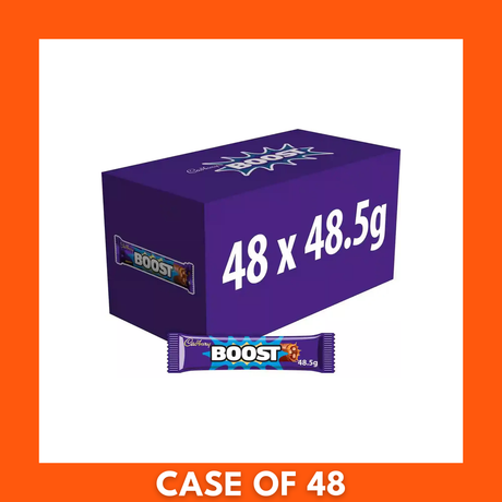 Pack of 48 Cadbury Boost chocolate bars (48.5 g each) in a purple retail carton showing the Boost logo and bar image
