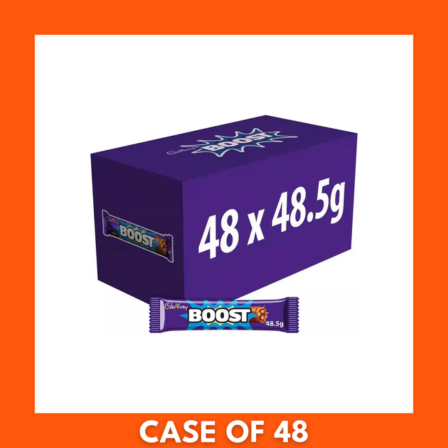 Pack of 48 Cadbury Boost chocolate bars (48.5 g each) in a purple retail carton showing the Boost logo and bar image