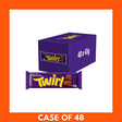 Box of 48 Cadbury Twirl bars (43g each) in purple branded multipack, showing the Twirl logo and twin-flaked milk chocolate bars