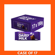 Cadbury Dairy Milk 17 x 180g multi-pack: purple branded box containing seventeen 180g milk chocolate bars, showing the Cadbury logo and pictured chocolate squares