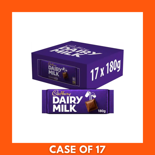 Cadbury Dairy Milk 17 x 180g multi-pack: purple branded box containing seventeen 180g milk chocolate bars, showing the Cadbury logo and pictured chocolate squares