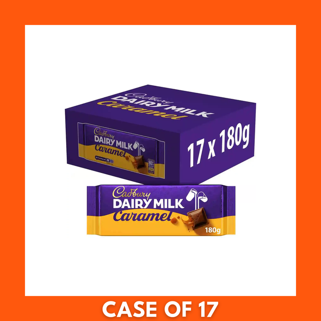 17-pack of Cadbury Dairy Milk Caramel 180g bars (each) in a purple branded multipack, showing creamy milk chocolate squares with soft caramel filling.