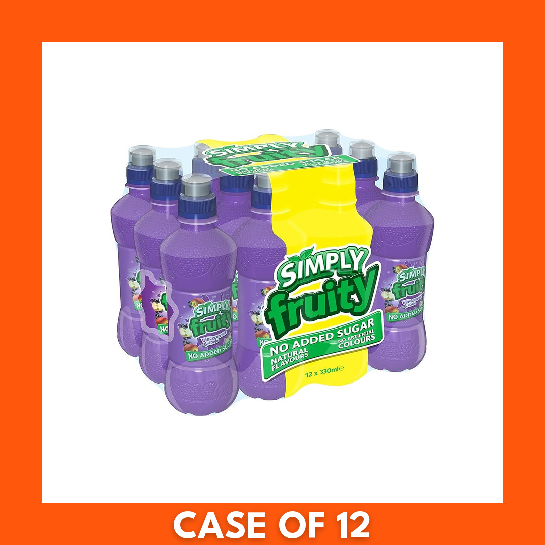 12-pack of 330ml Simply Fruity Apple & Blackcurrant cans — branded multipack with cans showing apple and blackcurrant fruit artwork