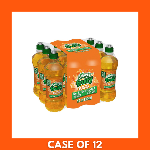 12-pack (12 x 330ml) Simply Fruity Orange drink — row of bright orange-labeled containers showing the Simply Fruity logo and orange-slice graphics