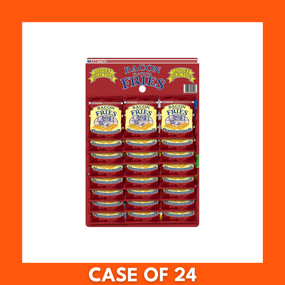 Card of 24 Smiths Bacon Fries (24 x 27.5g) — branded display box of individual bacon-flavored potato snack packs, Smiths logo visible