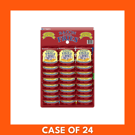 Card of 24 Smiths Bacon Fries (24 x 27.5g) — branded display box of individual bacon-flavored potato snack packs, Smiths logo visible
