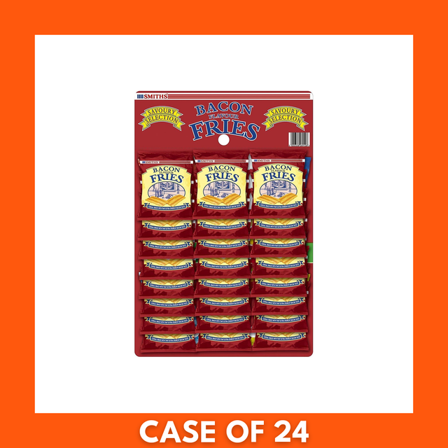 Card of 24 Smiths Bacon Fries (24 x 27.5g) — branded display box of individual bacon-flavored potato snack packs, Smiths logo visible