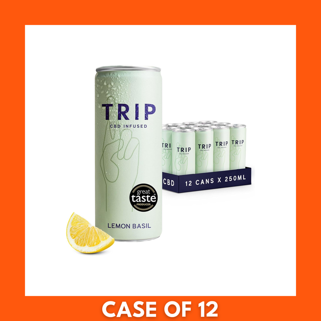 TRIP CBD Sparkling Lemon Basil 250ml, 12-pack: twelve slim cans with bright lemon and basil label, sparkling CBD-infused beverage.