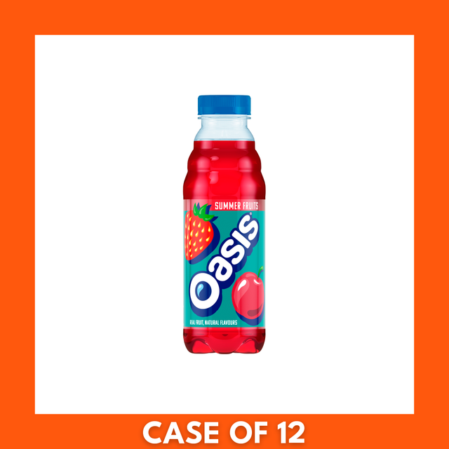 Pack of 12 Oasis Summer Fruits 500ml bottles — clear plastic bottles with colorful summer-fruit labels shown together as a shrink-wrapped multipack.
