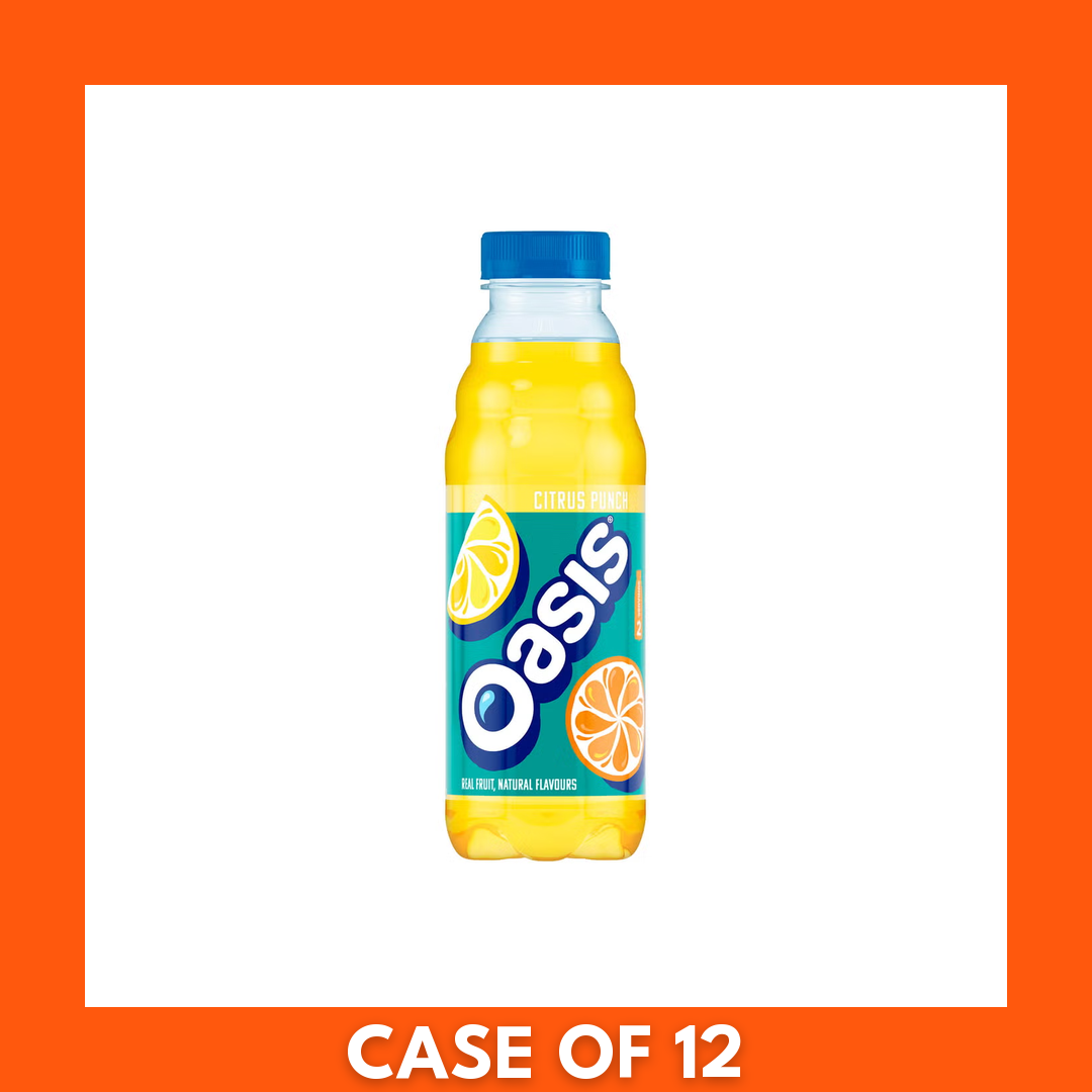 Pack of 12 Oasis Citrus Punch 500 ml bottles — twelve clear PET bottles with bright citrus-yellow labels and fruit graphics displaying the Oasis logo, a multipack of single-serve soft drinks.