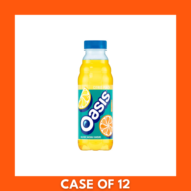 Pack of 12 Oasis Citrus Punch 500 ml bottles — twelve clear PET bottles with bright citrus-yellow labels and fruit graphics displaying the Oasis logo, a multipack of single-serve soft drinks.