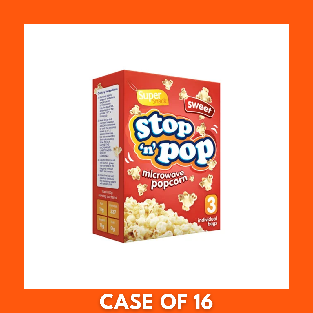Stop n Pop microwave sweet popcorn — pack of 3 bags, 85 g each (3 x 85g); ready-to-microwave sweet-flavored snack.