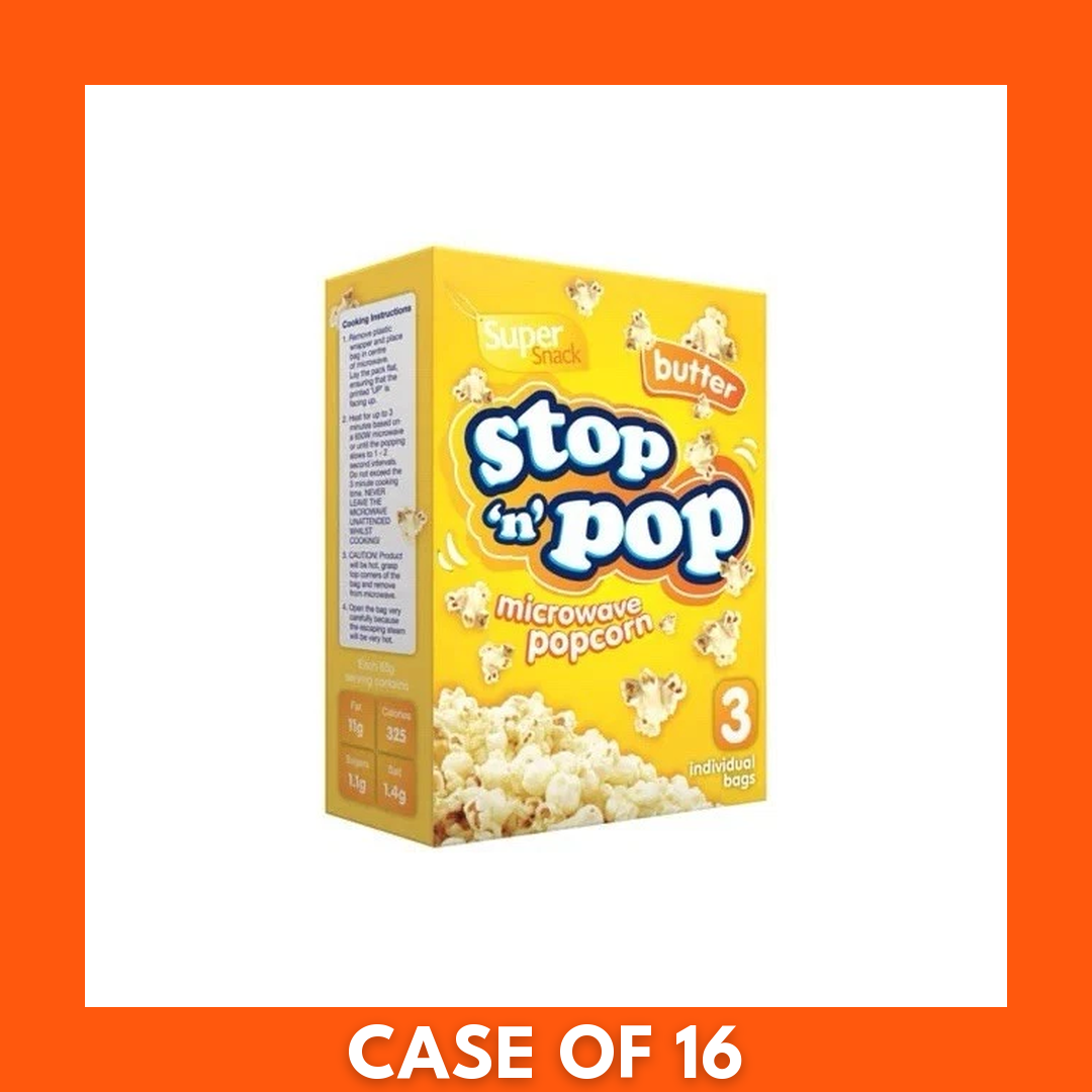 Stop n Pop microwave butter popcorn three-pack (3 x 85g, 255g) — three yellow-and-red microwave bags stacked beside a bowl of golden popped buttered corn.