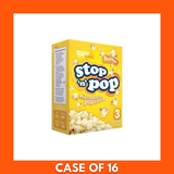 Stop n Pop microwave butter popcorn three-pack (3 x 85g, 255g) — three yellow-and-red microwave bags stacked beside a bowl of golden popped buttered corn.