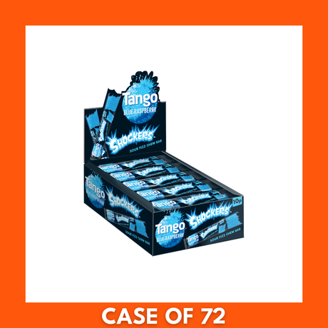 Box of 72 Tango Shockers Blue Raspberry candies, each in a 10g individual packet — bulk pack of blue raspberry sour candy neatly arranged for retail or party favors.