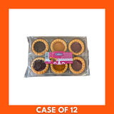 Cabico single 300g pack of 6 assorted fruit tarts — golden pastry shells filled with custard and topped with strawberries, kiwi, blueberries and peach slices
