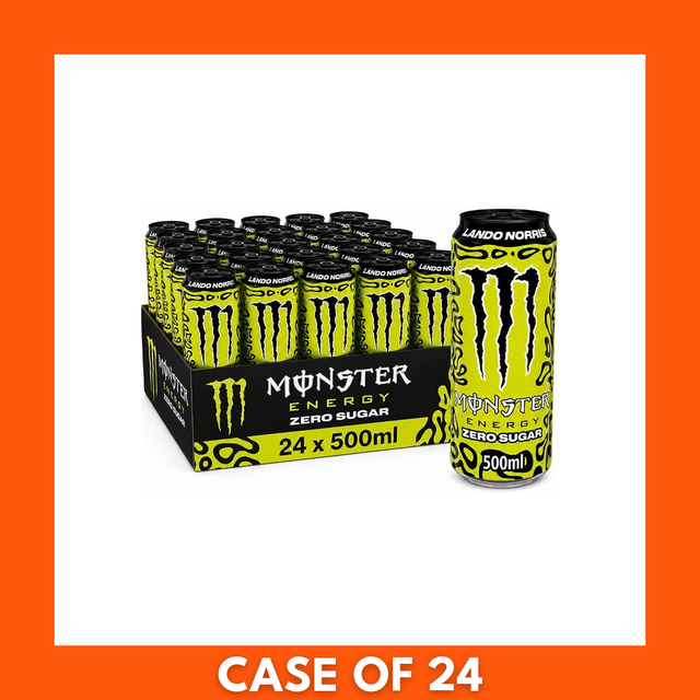 Cardboard carton of 24 Monster Lando Norris ZERO Sugar 500ml cans — black and neon green packaging showing the Monster claw logo and Lando Norris driver branding with prominent ZERO Sugar label