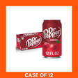 12-pack of Dr Pepper Cherry 355ml cans in red-and-black packaging showing the Dr Pepper logo, cherry graphics and chilled condensation on the cans.