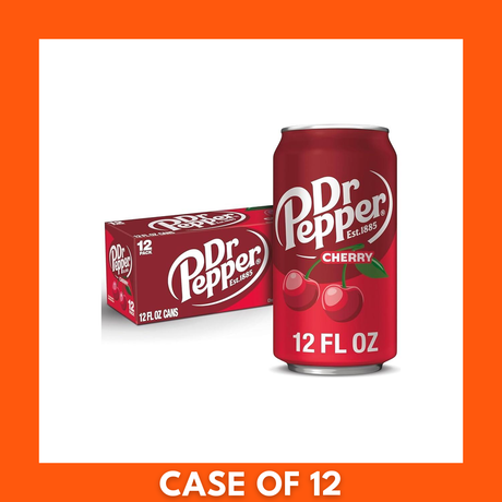 12-pack of Dr Pepper Cherry 355ml cans in red-and-black packaging showing the Dr Pepper logo, cherry graphics and chilled condensation on the cans.