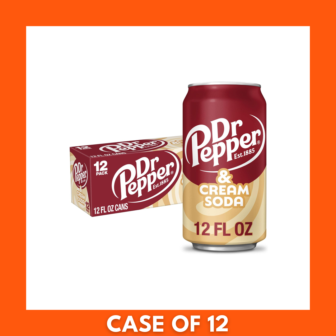 Dr Pepper Cream Soda 12-pack (12 x 355 ml) — twelve 355 ml aluminum cans displaying the Dr Pepper logo and “Cream Soda” label on cream-colored packaging, neatly arranged for retail