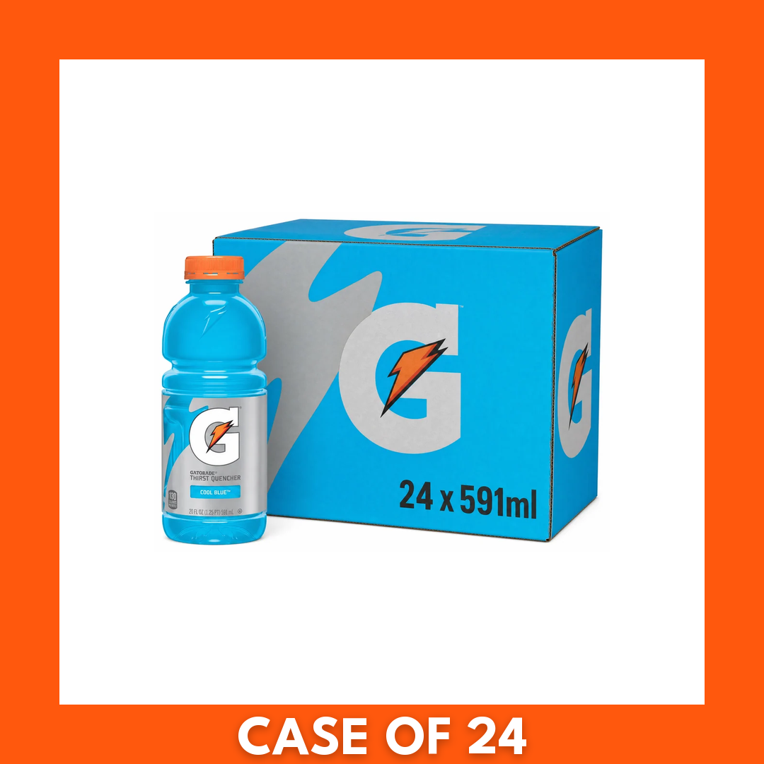Gatorade Cool Blue 24-pack — twenty-four 591 ml clear plastic bottles of bright blue sports drink with blue caps and white labels, arranged in a case