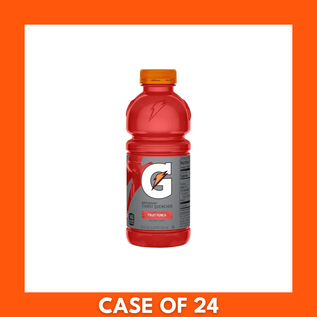 Gatorade Fruit Punch 24 x 591ml — 24-pack of clear 591ml plastic bottles filled with red fruit punch, each bottle labeled with the Gatorade logo and lightning bolt, arranged in a cardboard case