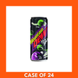 Product shot of a 24-pack (24 x 330ml) of Mountain Dew Pitch Black cans — black and purple 330ml cans with the green Mountain Dew logo and 'Pitch Black' labeling in a cardboard case, grape-flavored carbonated soft drink.
