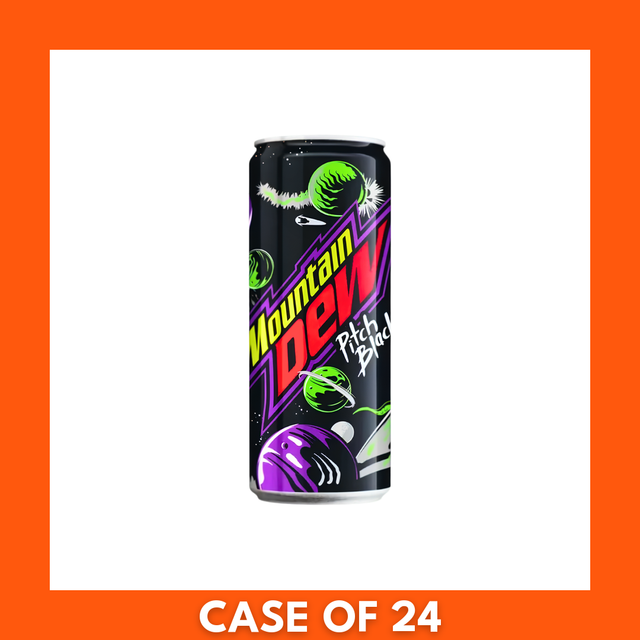 Product shot of a 24-pack (24 x 330ml) of Mountain Dew Pitch Black cans — black and purple 330ml cans with the green Mountain Dew logo and 'Pitch Black' labeling in a cardboard case, grape-flavored carbonated soft drink.