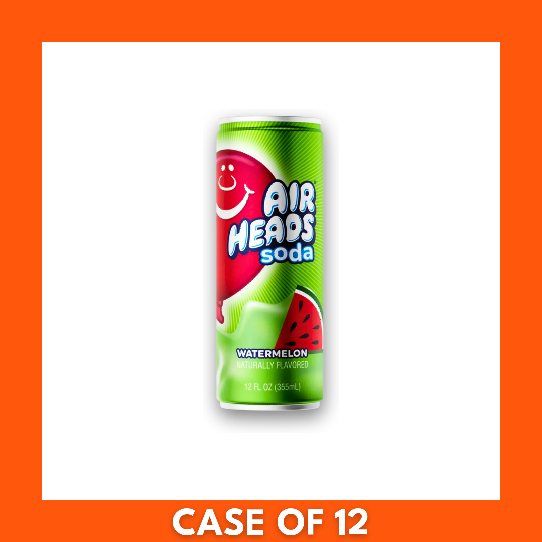 Airheads Soda Blue Watermelon 12-pack — twelve 12 fl oz cans with bright blue soda and pink watermelon slice graphics, showing the Airheads logo and vibrant blue retail packaging
