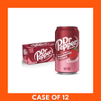 Pack of 12 Dr Pepper Strawberry & Cream 355ml cans in pink-and-cream branded packaging displaying the Dr Pepper logo and strawberry-and-cream flavor artwork.