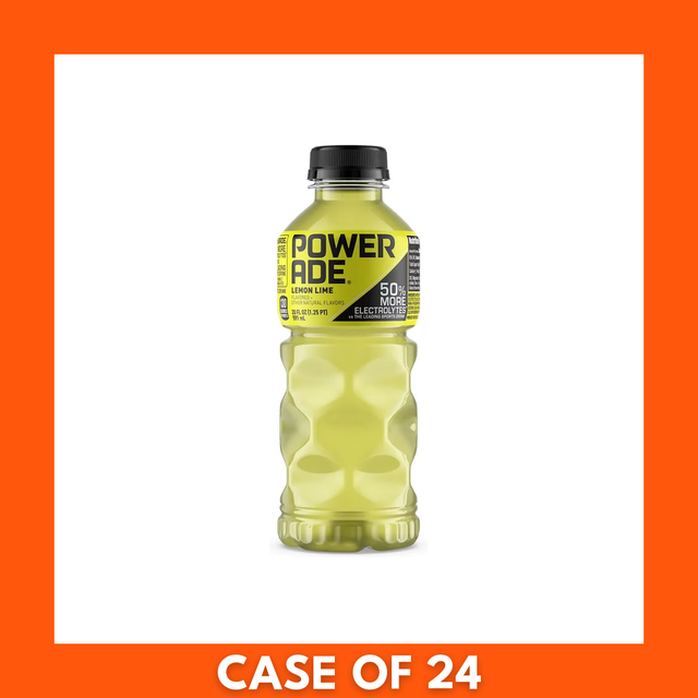 24-pack of Powerade Lemon Lime sports drink bottles (24 x 591 ml) in clear plastic with green-yellow labels and sport caps, shrink-wrapped in a cardboard tray