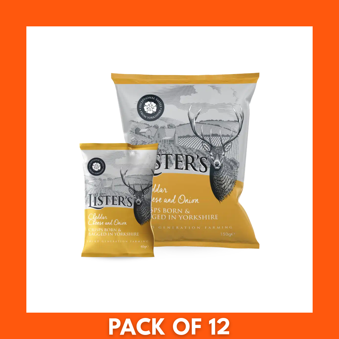 Pack of twelve 40g Listers Crisps Cheddar Cheese and Onion bags in a retail multipack box, snack-sized portions