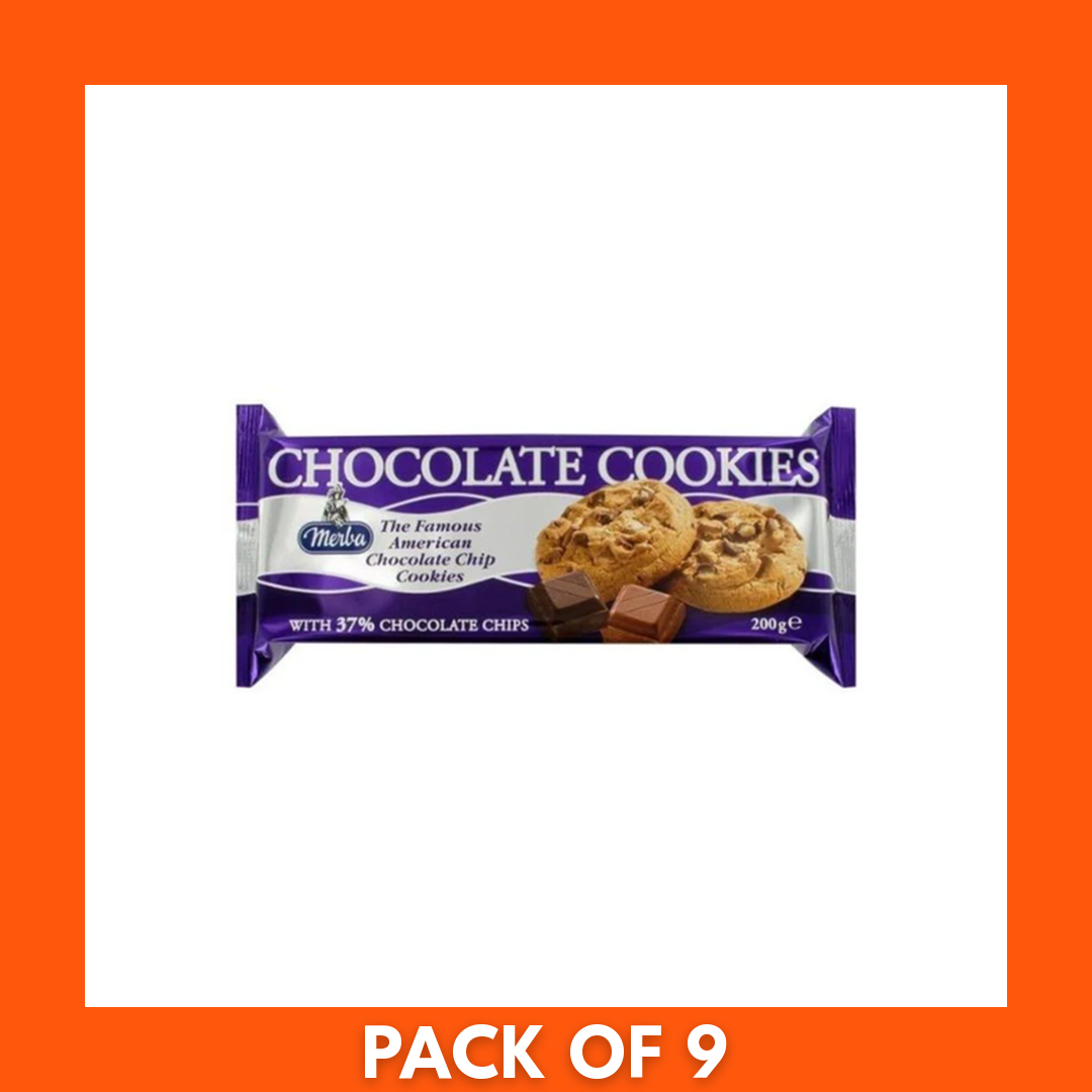 Close-up of Merba Chocolate Chunk Cookies 200g showing large dark chocolate chunks and crumbly texture