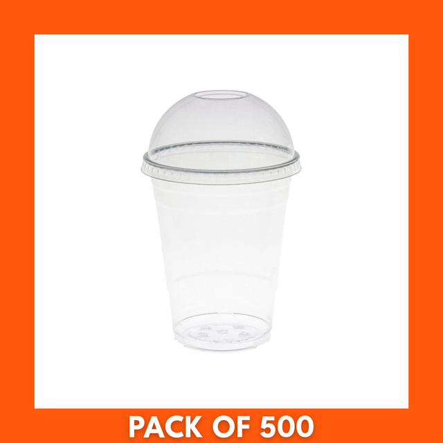 Close-up of a 500-count set of 12oz disposable smoothie cups and fitted lids, showing nested cups and lids ready for events, cafes, and catering.