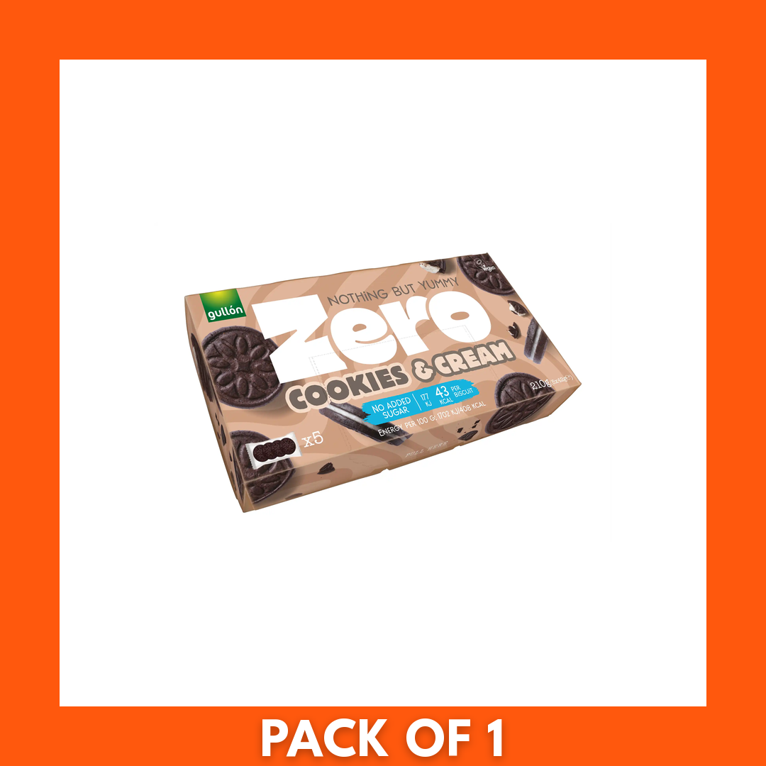 Front of Gullon ZERO Cookies and Cream No Added Sugar 210g packaging — 1 x 210g bag of chocolate cookies with cream filling labeled No Added Sugar, ideal low-sugar treat.